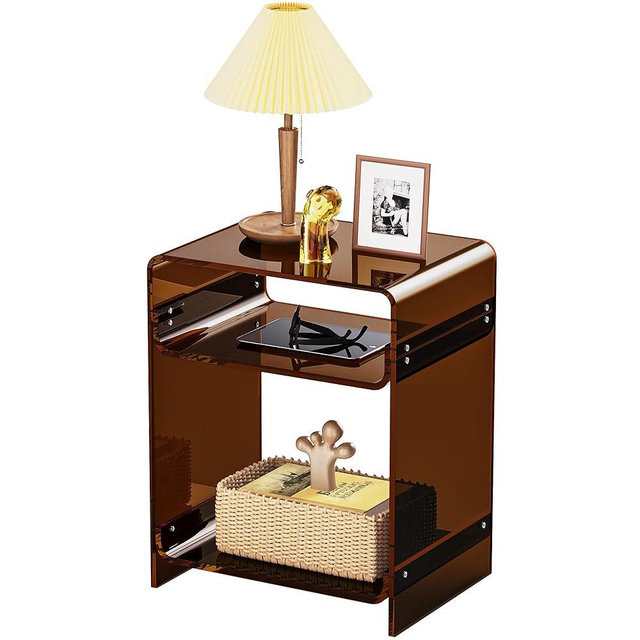 Acrylic End Table Record Player Table with Storage Shelf Clear Side Table Nightstand (Dark Brown)