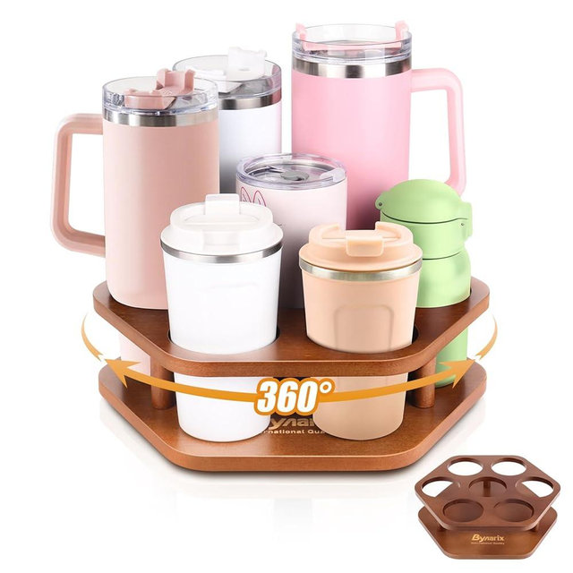 ByNaRIX Water Bottle Organizer for Stanley 40 oz Tumbler, 7 Slots Rotatable Stanley Cup Organizer for Kitchen Cabinets, Wood Tumbler Organizer Holder for Stanley Cup Accessories Brown