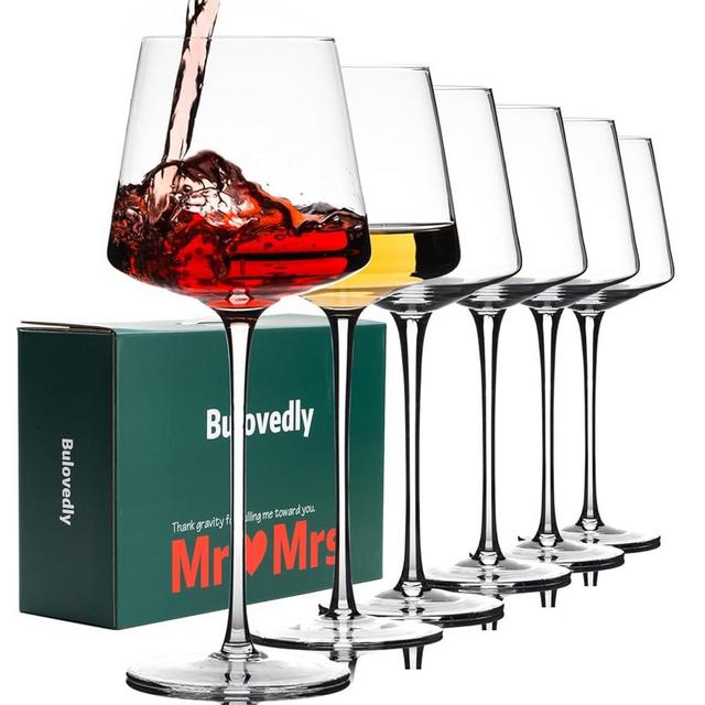 White Red Wine Glasses Set of 6 – 18oz Red Wine Glasses with Tall Long Stem,【Hand Blown】Crystal Wine Glasses- Square Wine Glasses with flat bottom, Wine gifts for Christmas, Wedding, Birthday,