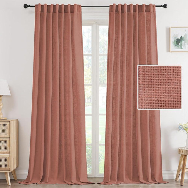 H.VERSAILTEX Linen Curtains 108 Inch Length 2 Panels Set, Thick Window Drapes Semi Sheer Light Filtering Rod Pocket Back Tab, Pinch Pleated Treatments Neutral Farmhouse Living Room, 52x108-Orange Rust