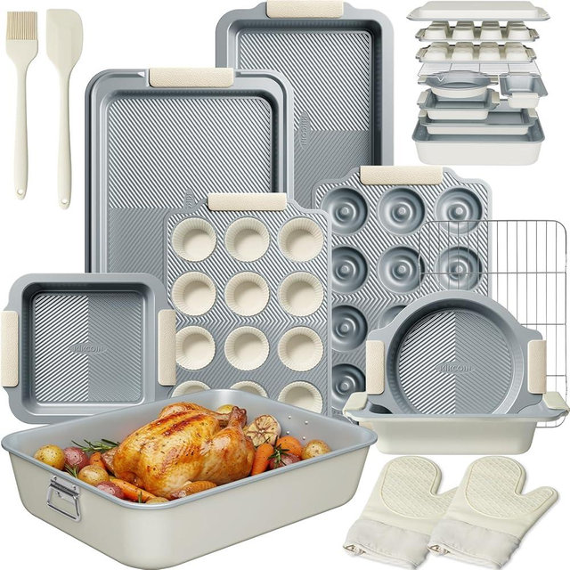 Kikcoin 25 PCS Stackable Baking Pans Set, Non-stick Bakeware Sets with Silicone Handles, 450°F Oven Safe Cookie Sheets for Baking, Easy Release Heavy-duty Baking Sheets Non Stick, Cream