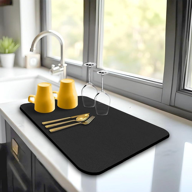 STRABELLA Dish Drying Mat Super Absorbent – 16" x 12" Coffee Mat for Countertops – Non-Slip Drying Mat for Kitchen Counter – Easy to Clean Water Absorbent Mat – Large Dish Drying Mats (Black)