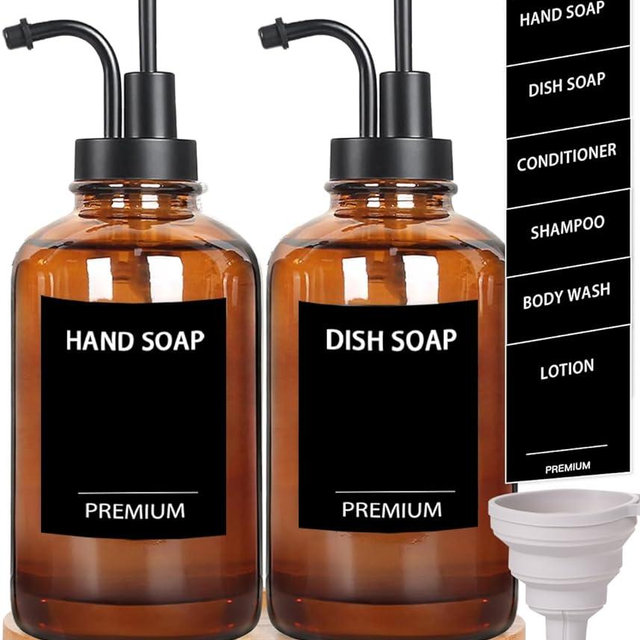 Amber 18 Oz Dish Soap Dispenser for Kitchen, Ultra-Thick Glass Soap Dispenser Set with Tray, Pump, Funnel for Bathroom, Liquid, Lotion, Shower, Laundry, (2 Pack with 12 Stickers)