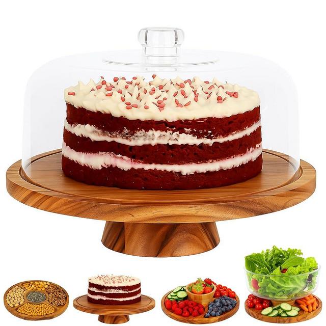 JOEY'Z 6 in 1 Large Acacia Wood Cake Stand with Lid - Multiuse Wooden Cake Stand with Dome Acrylic Cake Cover/Cake Dome - Cake Holder With Lid - Cake Stands
