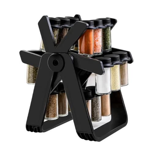 Super-Rackz Spice Rack Rotating Kitchen Spice Organizer for Countertop and Cabinet with 18 Glass Spice Jars Spice Folding Funnel For Easy Mess Free Transfer, Black
