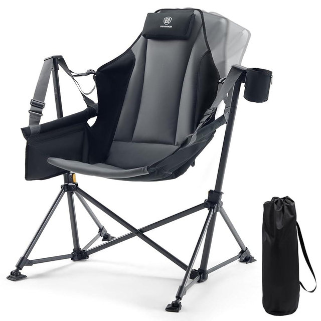 EVER ADVANCED Padded Oversized Hammock Camping Chair, Compact Heavy Duty Swing Chair with Multi-Storage Pockets, Portable Folding Rocking Camping Chair, Support Up to 400lbs, Black