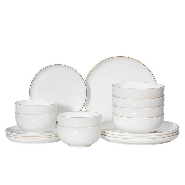 Dinewares Perlaceo Luxurious Collection Bone China Dinnerware Set-Lightweight and Durable-Service for 4 or 8, Including Dinner, Salad Plates, and Cereal or Soup Bowls, 16-Pc, White w/Gold Rim