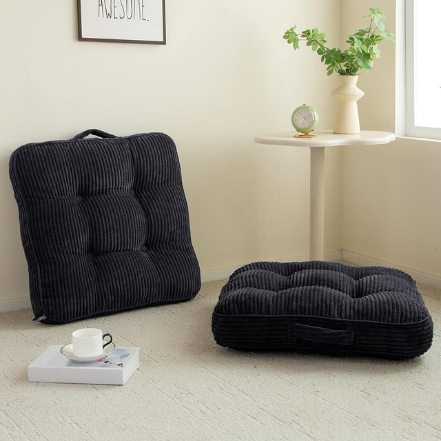HIGOGOGO Floor Pillow Cushion for Adults, Meditation Cushion Pillow, Large Square Floor Sitting, Tufted Corduroy Cover, for Tatami Living Room or Yoga, 22x22 Inch, 2Pack, Black