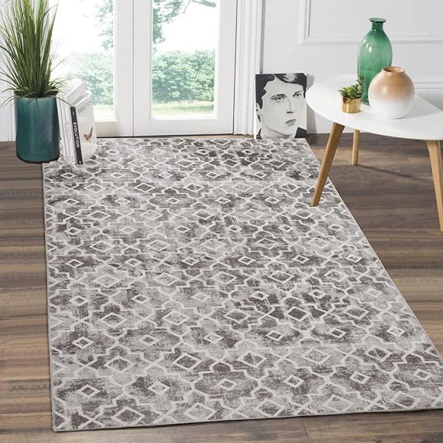 Wonnitar Moroccan Washable Area Rug - 3x5 Grey Distressed Entry Rug Living Room Modern Geometric Trellis Throw Rug Non-Slip Faux Wool Floor Carpet for Bathroom Laundry Bedroom Office Entrance