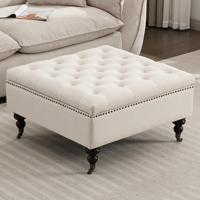 obmedin Large Square Storage Ottoman Uphlostered Tufted Button Coffee Table, Oversized Footrest Bench with Castered Rolling Wheels for Living Room, Beige Linen Waterproof
