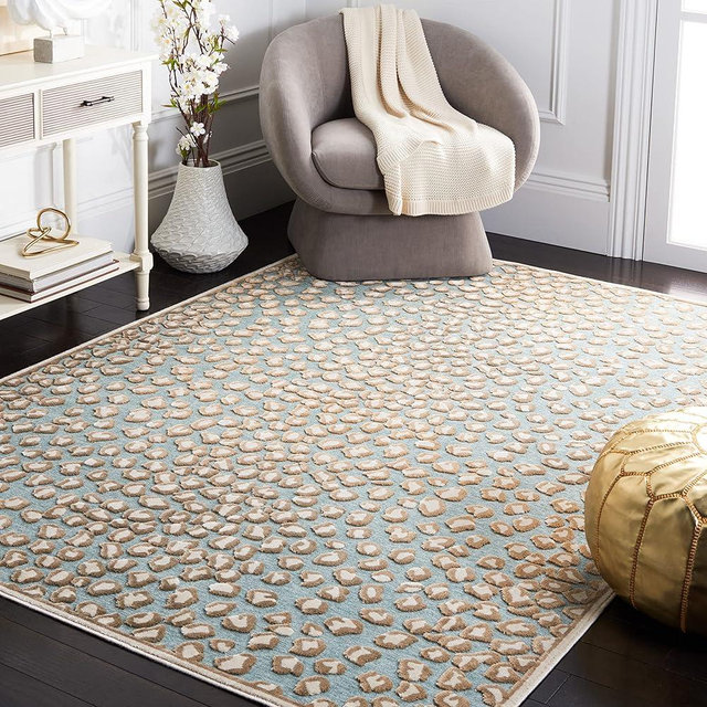 SAFAVIEH Paradise Collection Area Rug - 5'3" x 7'6", Stone & Aqua, Animal Print Viscose Design, Ideal for High Traffic Areas in Living Room, Bedroom (PAR84-3470)