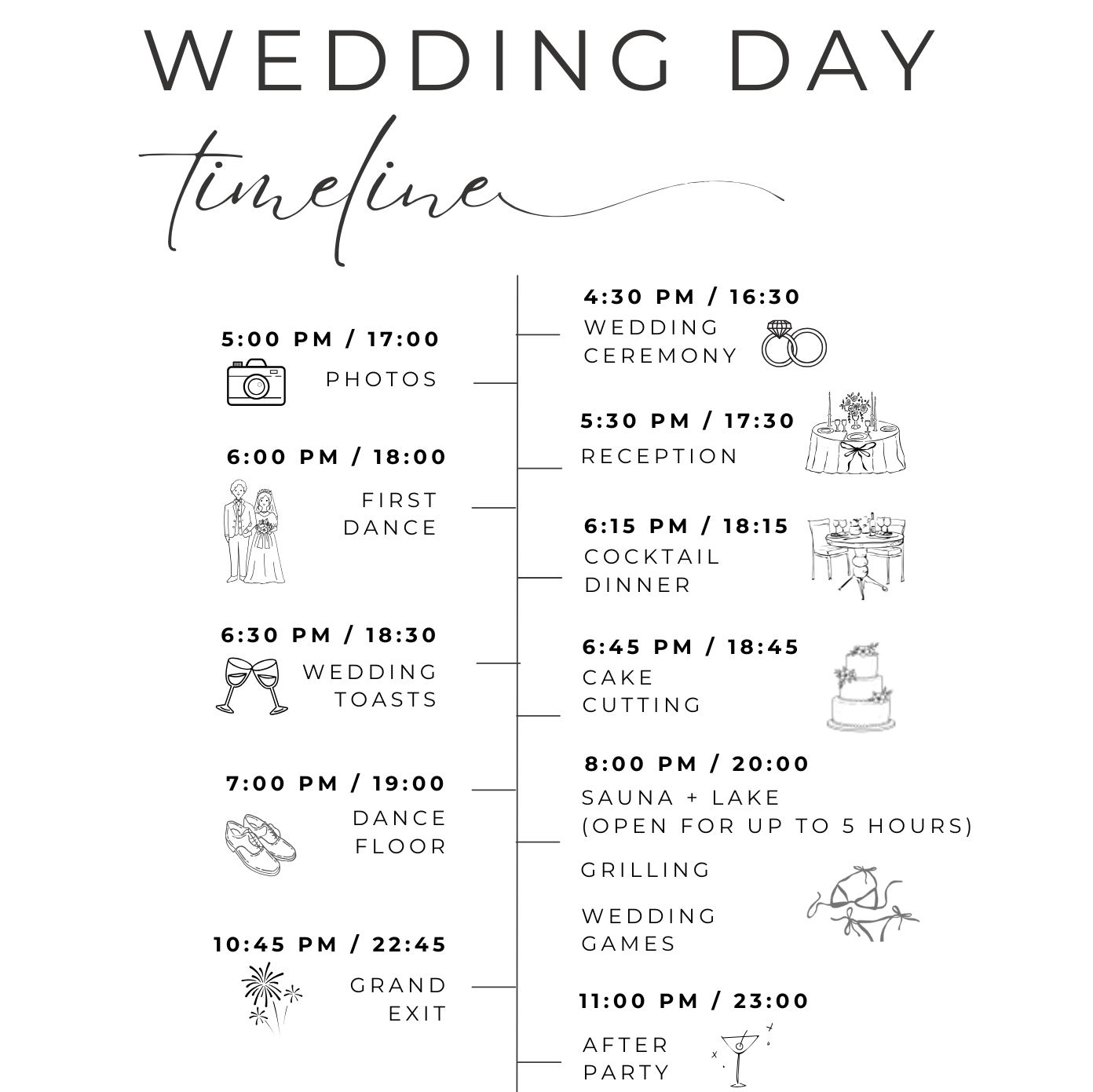 Here is the general wedding schedule for guests, those who are a part of the wedding party will be sent a more in depth schedule for getting ready and early morning photos etc.
