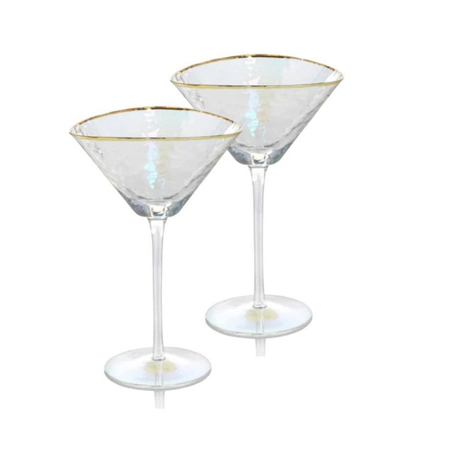 Sister.ly Drinkware Iridescent Handmade Hammered Martini Glasses with Gold Rim - Set of 2 Gold Rim Martini Glasses and 2 Gold-Plated Cocktail Picks. Celebrate Life One Glass at a Time