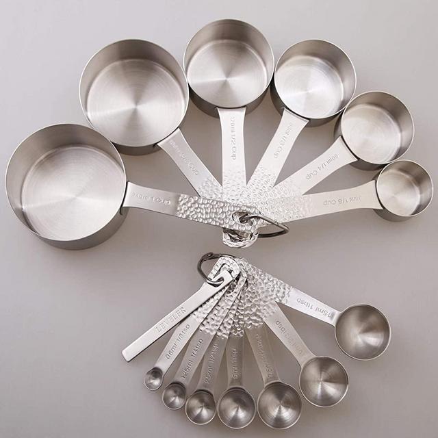 Lucky Plus Set of 16 Stainless Steel Measuring Cups and Spoons Set 18/8(304)Steel Material Heavy Duty (Siliver-6cups+7spoons+1Leveler+2rings)
