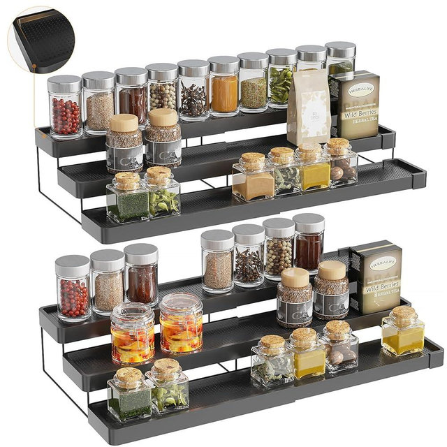 INVOCOO 2 Pack Expandable Spice Rack Organizer for Cabinet - 3 Tier Adjustable Cabinet Spice Organizer Easy Visibility - Spice Organizer for Cabinet Countertop Cupboard Pantry Organization (Black)