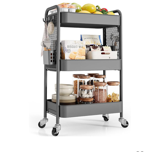 TOOLF 3 Tier Rolling Cart Storage Organizer, Metal Rolling Utility Cart with Wheels, Hooks & Bins Esthetician Craft Art Sturdy Storage with Pegboard for Bathroom, Kitchen, Office, Nursery Diaper