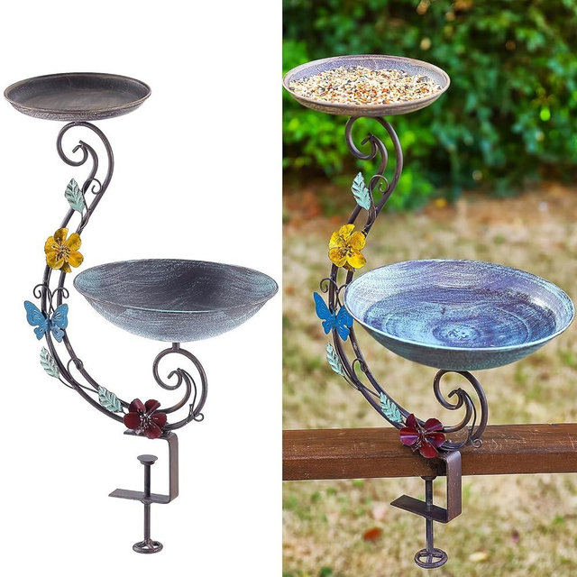 Deck Mounted Bird Baths and Feeders, 2 in 1 Balcony Bird Feeder for Outside with Sturdy Clamp, Outdoor Metal Birdbaths for Garden Yard Decor