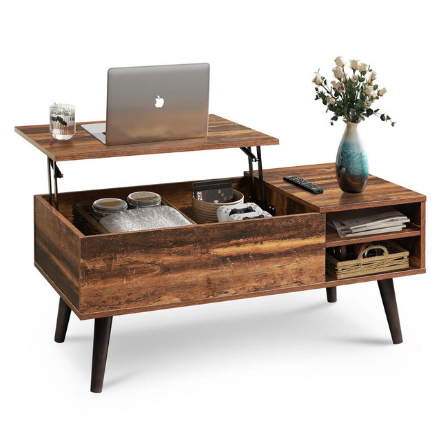 GALAXHERO Wood Lift Top Coffee Table with Hidden Compartment and Adjustable Storage Shelf, Lift Tabletop Dining Table Rustic Oak