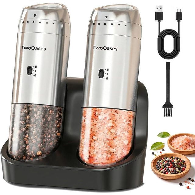 Electric Salt and Pepper Grinder Set, Automatic Gravity Pepper Grinder with Charging Base, Rechargeable Stainless Steel Spice Mill, Adjustable Coarseness, Dual-Speed Control, LED Light, Large Capacity