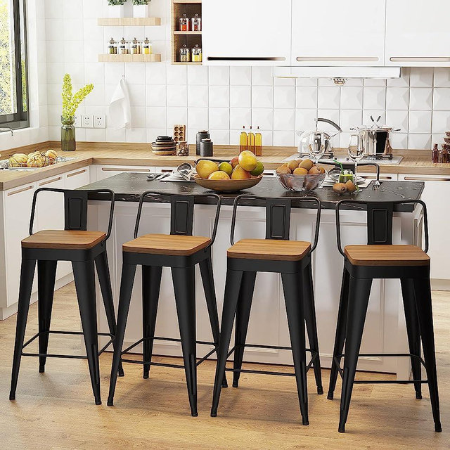 WENTMENT Metal Bar Stools Set of 4 Counter Height Bar Stools Barstools with Removable Back 26" Kitchen Bar Stools with Wooden Seat, Black