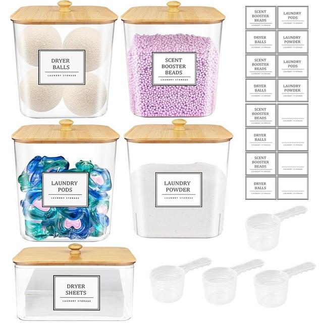 4+1 Pack Laundry Room Organization Containers,Clear Laundry Pods Container,Large Laundry Detergent Powder Storage Containers with Wooden Lids & Labels,Laundry Pods Holder for Scent Booster,Powder,Pods