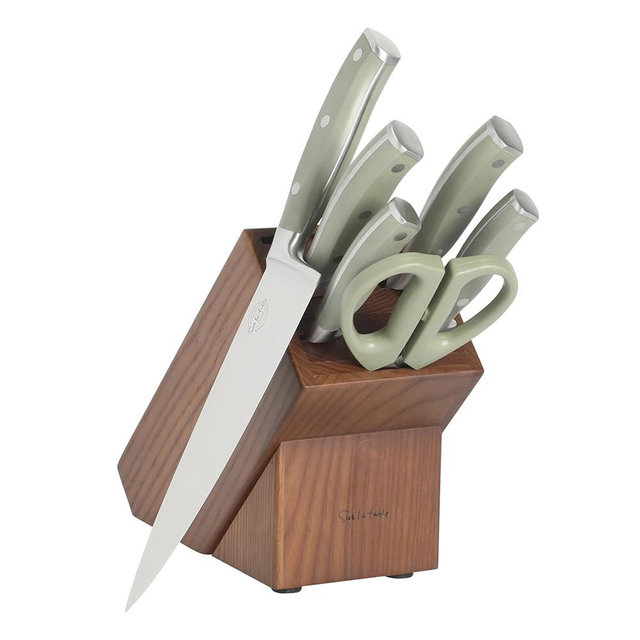 Sur La Table Kitchen Essentials Tasting Kitchen High-Carbon German Steel 7 Piece Full Tang Forged Cutlery Knife Block Set - Juniper Green W/Ashwood Block