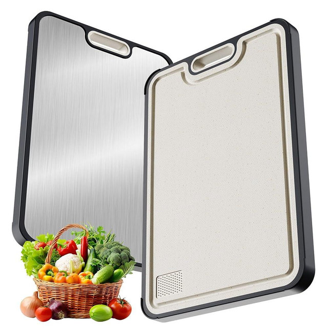 Stainless Steel Cutting Board, Double Sided Cutting Board for Kitchen, 304 Stainless Steel and Wheat Straw PP, Dishwasher Safe Easy to Clean, Large Size 16”×11”