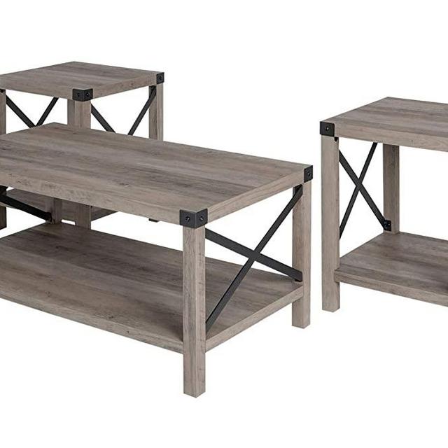 Walker Edison Furniture Company 3-Piece Rustic Wood and Metal Coffee Table Set - Gray Wash