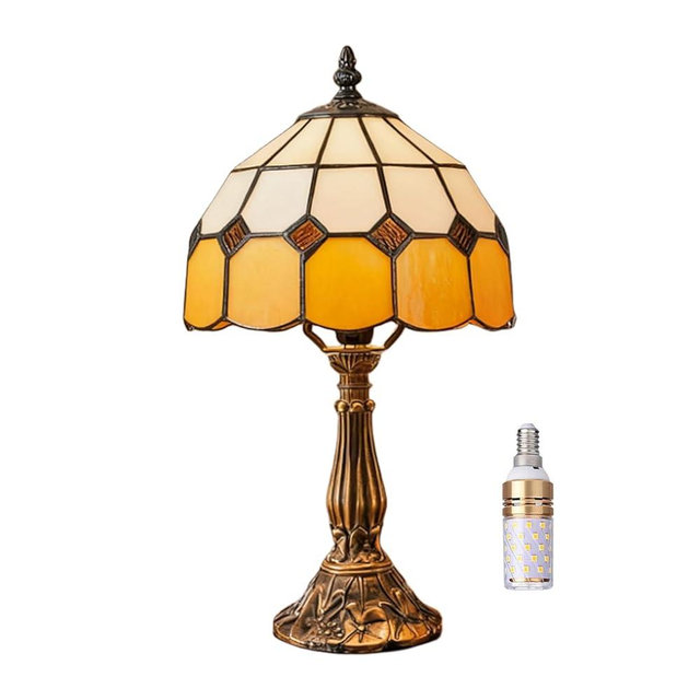 Meimond Table Lamp Tiffany-Style 8 Inch Mediterranean Series Stained Glass Lampshades Small Bedside Lamp Reading Antique Desk Light Livingroom Bedroom Office Vintage Art De(Color:Orange)