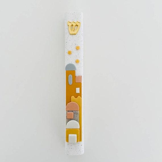 Modern Mezuzah case, Jerusalem skyline Gold, Handmade, Judaica Gift, Bar Mitzvah Gif, Jewish Wedding Gift, New Home Gift, Polymer clay,