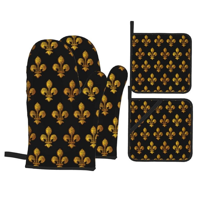 Marie Fleur De Lis Heat Resistant Oven Mitts and Pot Holders Sets