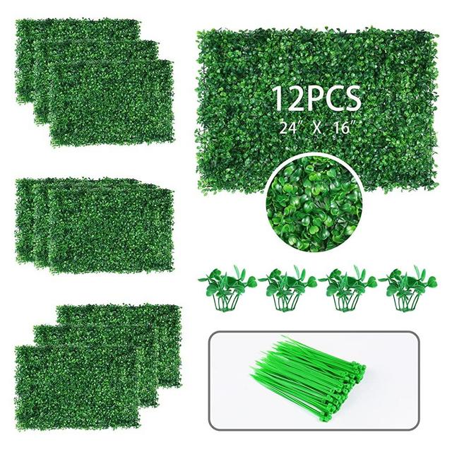 12PCS Artificial Boxwood Grass Wall Panels for 31 SQ Feet, 24" x 16" Faux Hedge Grass Backdrop Wall Privacy Fence UV Protection for Indoor, Wedding, Party, Outdoor Garden, Backyard Fence Decoration