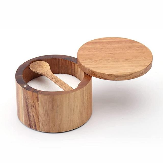 KITCHENDAO Acacia Wood Salt Cellar Bowl Box with Built-in Spoon to avoid Dust, Elegant Kitchen Salt Container Holder with Swivel Magnetic Lid to Storage Pepper Spice Bath Salt Sea Salt, 6OZ