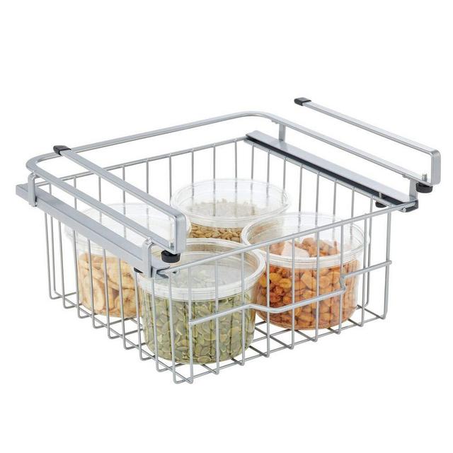 mDesign Compact Hanging Pullout Drawer Basket - Sliding Under Shelf Storage Organizer - Metal Wire - Attaches to Shelving - Easy Install - for Kitchen, Pantry, Cabinet - Silver