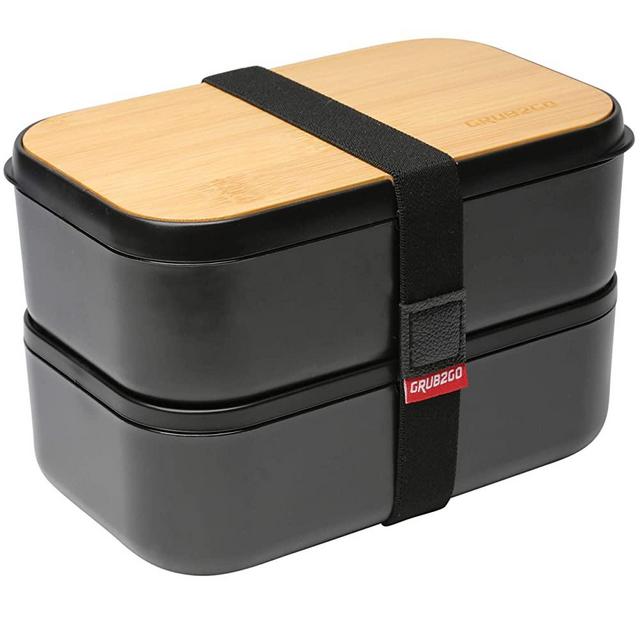 GRUB2GO Premium Bento Lunch Box (Large 68 Oz Capacity) | 2021 Model, 70% Bigger | Includes Bamboo Chopping Board Lid, Carry Bag, 2 Dividers, Utensils, Sauce Container