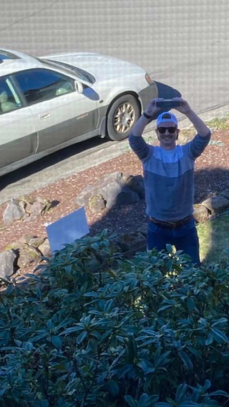 On our first Valentine’s Day together Sweet Care had COVID so Jack parked outside of her window and played their favorite songs.