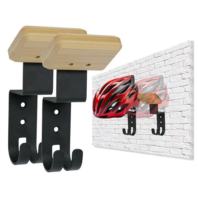 Nuvograin 2-Pack Helmet Holder Wall Mount, Helmet Hanger,Motorcycle Gear Rack with 2 Key Hooks, Constructed with Solid Wood & Strong Steel for Bike Tactical Gear Baseball Football Skiing Helmet