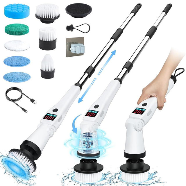 Hdyfix Electric Spin Scrubber, Shower Scrubber with Long Handle & 3 Speeds, 5200mAh Rechargeable Cordless Power Scrubber, Retractable & Adjustable Angle Spin Brush for Cleaning Bathroom/Tub/Floor/Tile