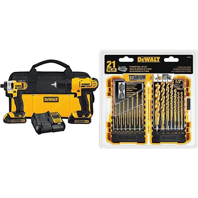 DEWALT DCK240C2 20v Lithium Drill Driver/Impact Combo Kit (1.3Ah) and Drill Bit set, 21-piece