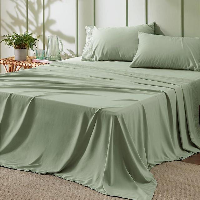 Bedsure Queen Sheet Set - Soft 1800 Sheets for Queen Size Bed, 4 Pieces Hotel Luxury Sage Green Queen Sheets, Easy Care Polyester Microfiber Cooling Bed Sheet Set