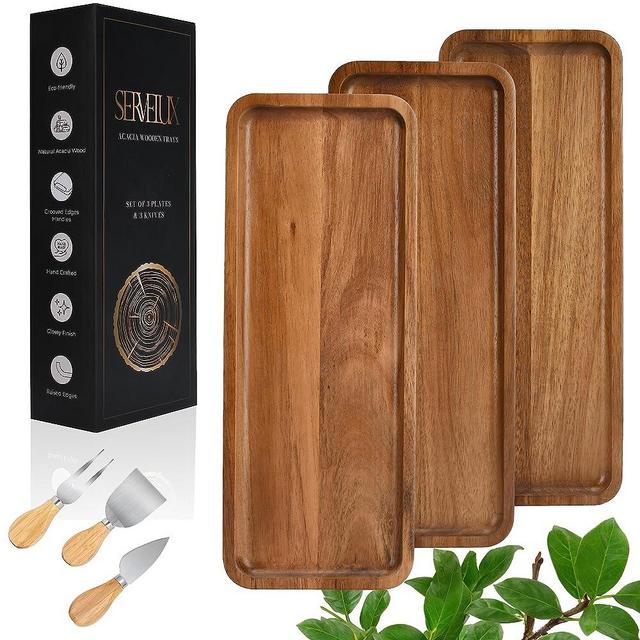 Acacia Wood Serving Tray Serving Board, A Set of 3 Solid Wooden charcuterie Board & Cheese Knives, Plates for Food Fruit, Snacks, Bread, Versatile Trays Could be Used for Home Décor (14 x 5.5 inches)