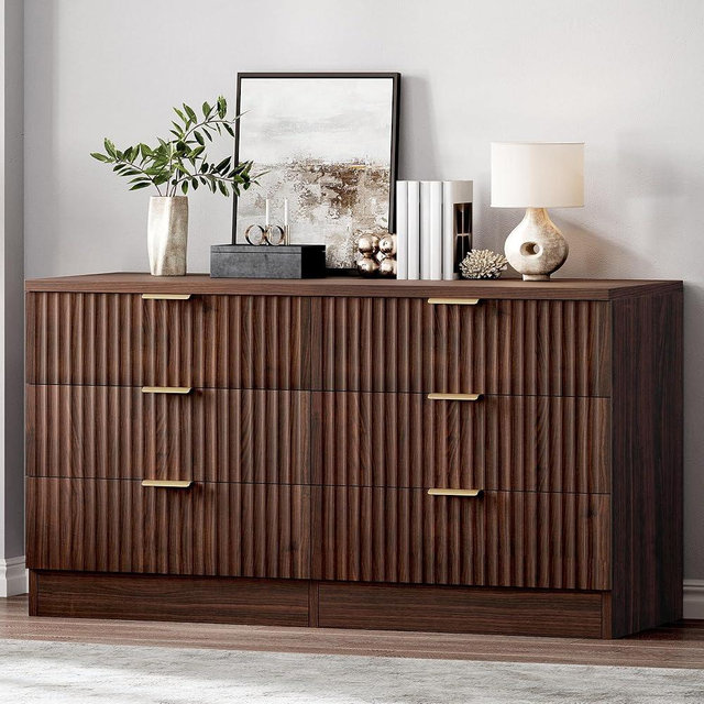 DWVO 6 Drawer Dressers, High Gloss White Dressers Drawers with Fluted Panel, Wide Versatile TV Stand Cabinet Table for Kitchen and Office, Walnut