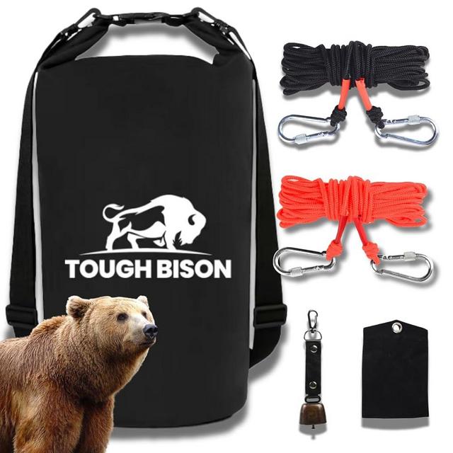 Tough Bison Bear Bag Hanging Kit - 10L Waterproof Bear Proof Food Storage Bag, 2 Straps, Rock Sack & 2 Ropes with 4 Safety Clips for Hiking, Kayaking, Camping, Outdoor Adventures