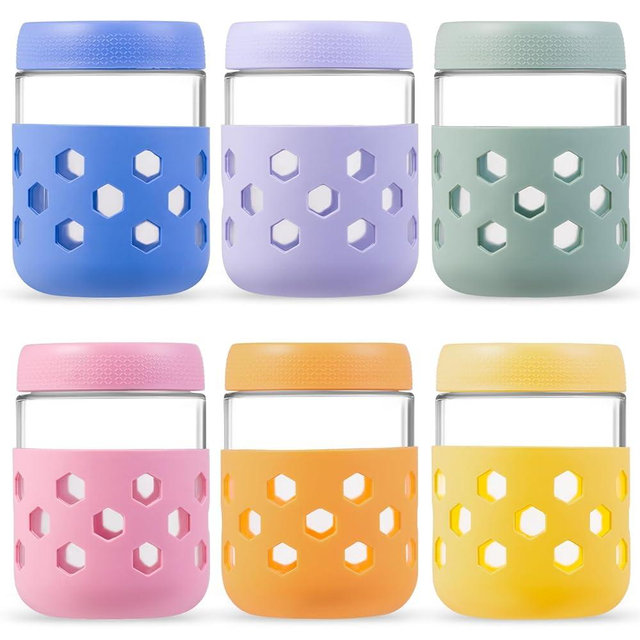Gemice 6-Pack 16oz Glass Mason Jars with Silicone Sleeves, Airtight BPA-Free Overnight Oats Containers with Lids, Dishwasher Safe Leak-Proof Meal Prep Jars for Chia Pudding, Yogurt, Snacks