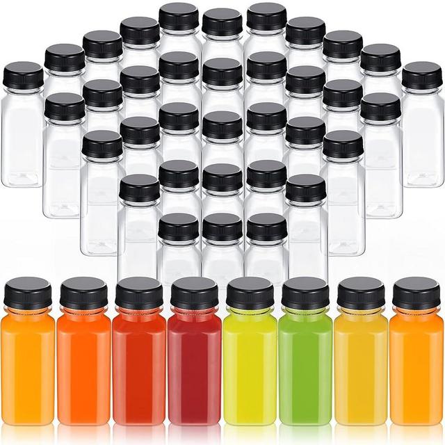 48 Pcs Plastic Juice Bottles Bulk with Caps, Small Reusable Juice Bottles Empty Clear Bottles Beverages Drink Containers Mini Fridge Bottles for Juicing, Smoothies, Tea, Milk, Coffee (Black,8 oz)