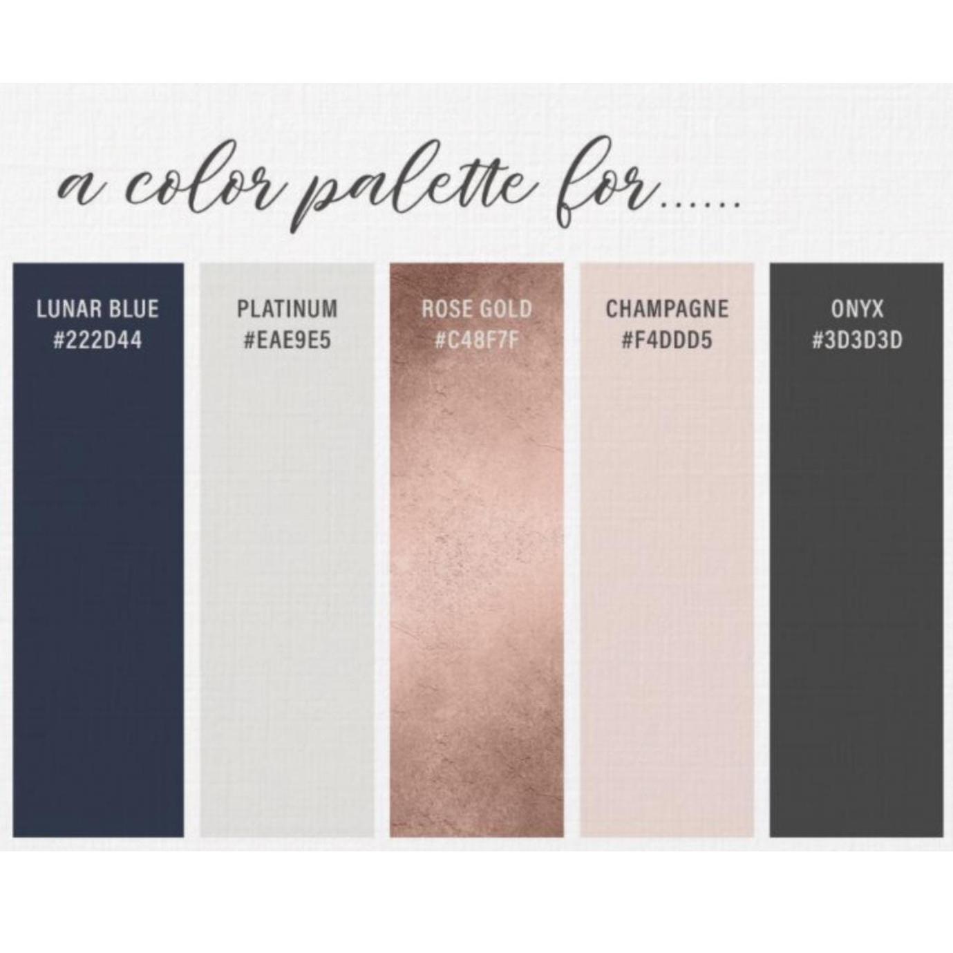 The Color palette for the wedding. Feel free to coordinate with the wedding party wearing pink, navy, grey or black.