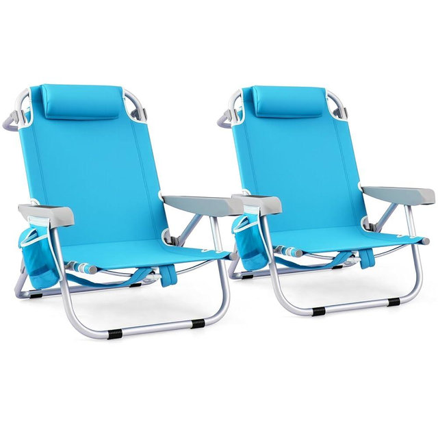 Goplus Beach Chair, 2 Pack 330lbs Folding Backpack Chairs for Adults with 5 Positions, Storage Pockets, Towel Bar & Headrest, Foldable Low Beach Lounge, Portable Aluminum Lay Flat Camping Chair