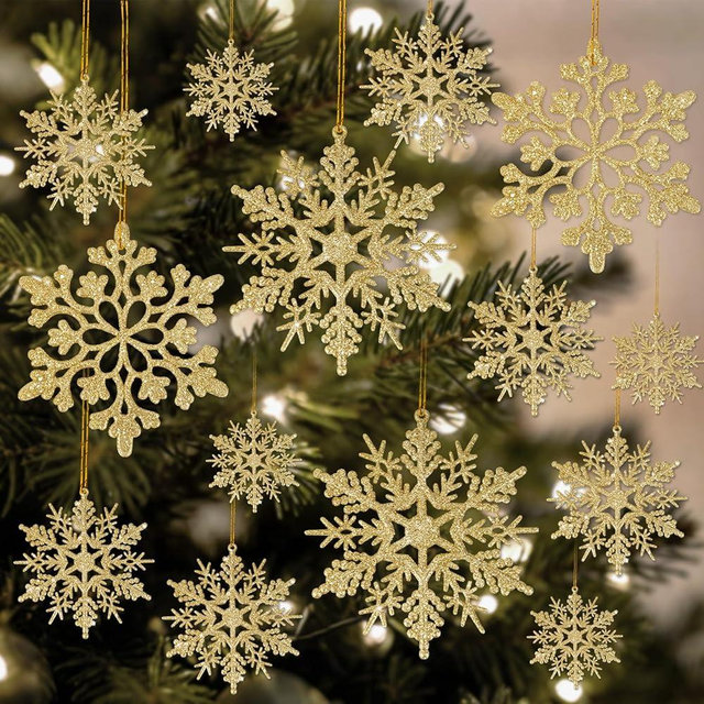 Miucat 42pcs Gold Snowflake Ornaments - Christmas Tree Decorations, Hanging Snowflake Decorations, Plastic Glitter Snow Flakes for Christmas, Winter, Party