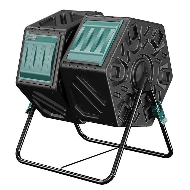 EAST OAK Dual Chamber Outdoor Compost Tumbler, 2 × 18.5 Gallon Compost Bin, Rotating Composter with Aeration and Locking System for Garden, Kitchen, Yard
