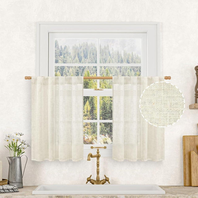 LAMIT Short Linen Kitchen Window Curtains 36 Inch Length, Over Sink Semi Sheer Light Filtering Panels Back Tab and Rod Pocket Drapes for Basement Bathroom Window, 2 Panels, Cream Ivory，34 x 36 Inch